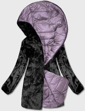 Fioletowa długa fantastyczna dwustronna zimowa pikowana kurtka futerko