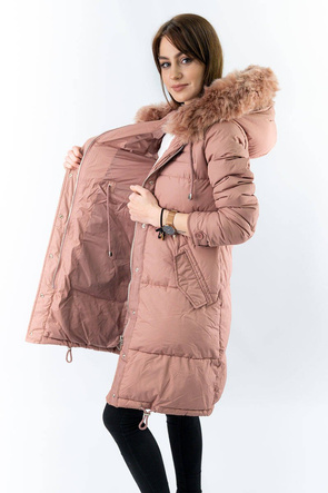 Pudrowa długa ciepła zimowa kurtka damska z kapturem 