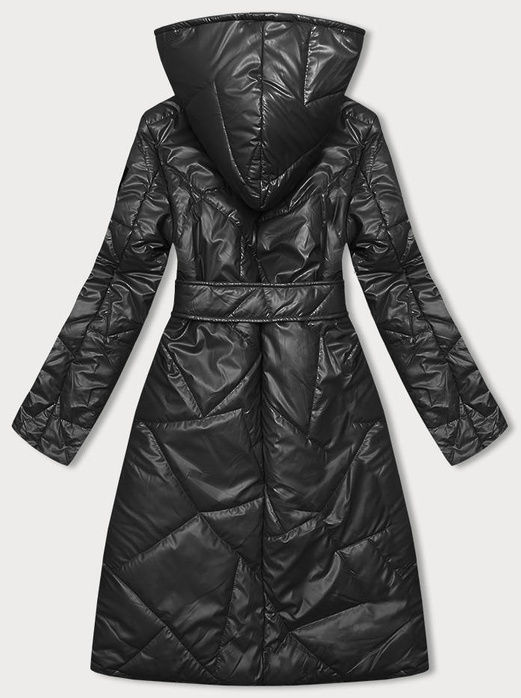 Czarna długa kurtka pikowana wiązana z kapturem