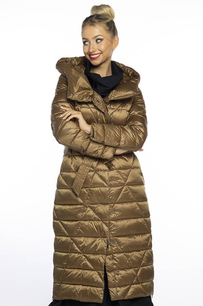 Złotobrązowy cudowny długi płaszcz kurtka pikowana z kapturem