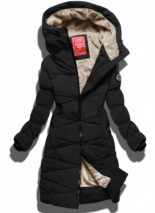 Czarna długa fikuśnie pikowana kurtka z kapturem na futerku