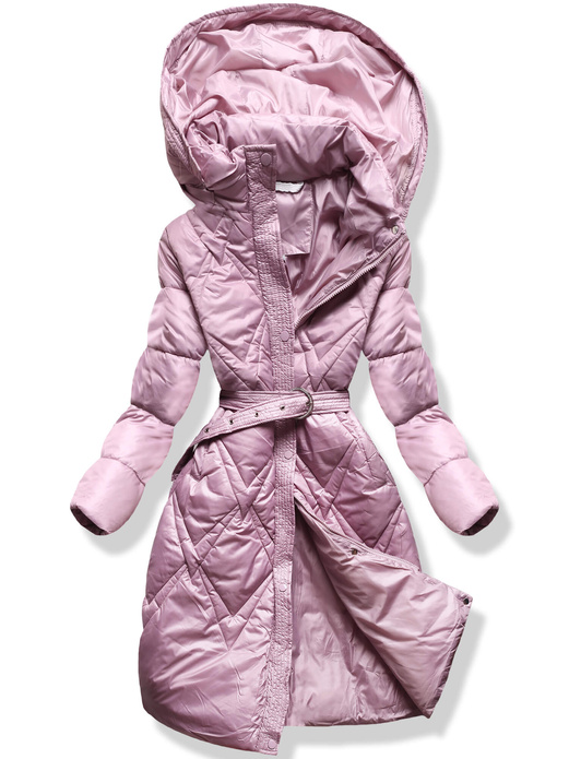 Różowy długi pikowany przejściowy płaszcz z kapturem