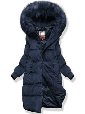 Granatowa długa zimowa sztruksowa damska kurtka z kapturem