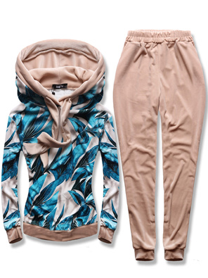 Beżowo niebieski welurowy damski dres komplet z motywem tropikalnym