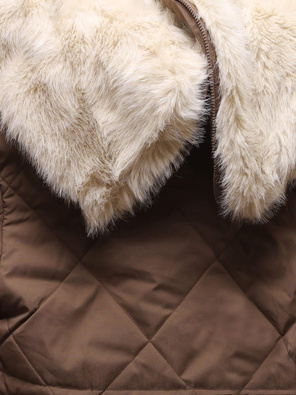 Kawowa damska zimowa pikowana kurtka płaszcz na futerku