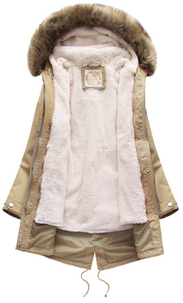 Beżowa zimowa ciepła kurtka parka na futrze PLUSZIZE