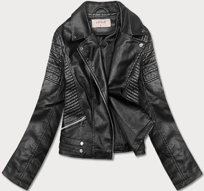 Czarna ekoskóra kurtka ramoneska zapinana na skos z klapami i ozdobnymi przeszyciami