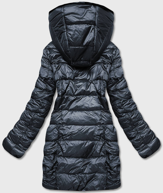 Grafitowa długa fantastyczna dwustronna zimowa pikowana kurtka futerko