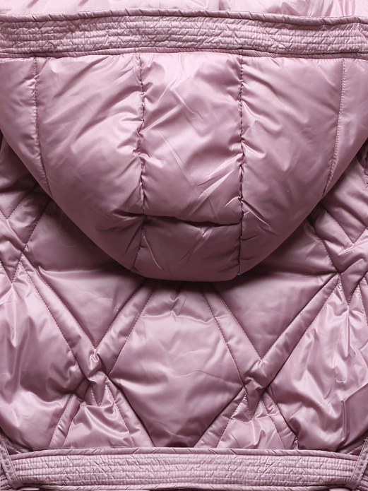 Różowy długi pikowany przejściowy płaszcz z kapturem