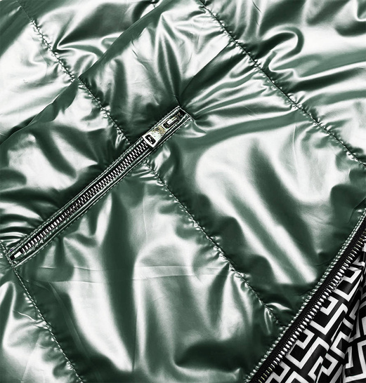 Zielona dwustronna przejściowa kurtka damska z kapturem geometryczne wzory