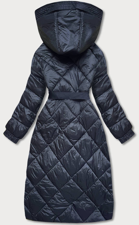 Granatowa długa pikowana puchowa kurtka płaszczyk z kapturem