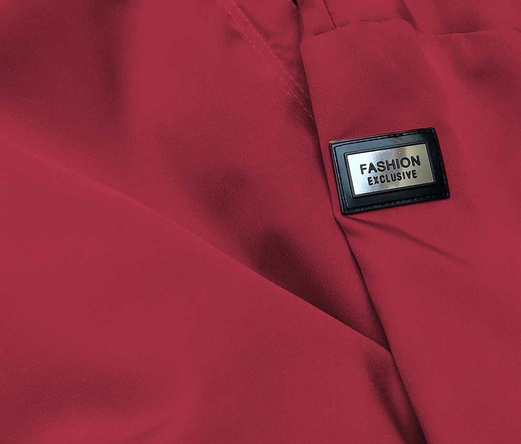 Ciemnoczerwona kurtka płaszcz parka z ozdobnymi lampasami we wzory z kapturem