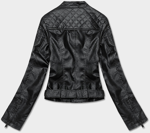 Czarna kurtka ekoskóra ramoneska z paskiem zapinana na skos