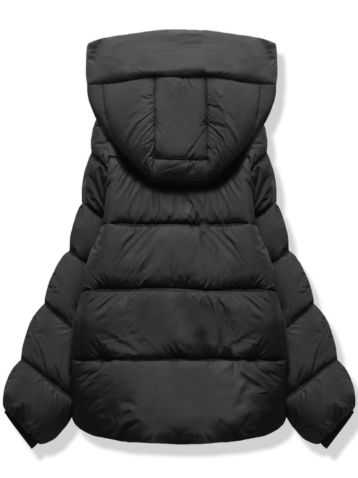 Czarna trapezowa pikowana zimowa damska kurtka z kapturem