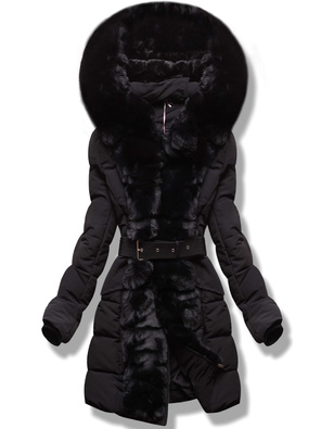 Czarny płaszcz zimowy z futrem i paskiem