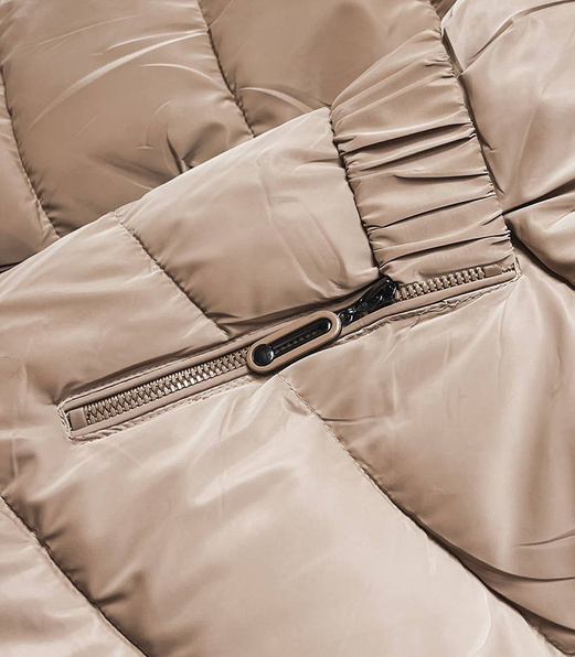 Bezowa pikowana zimowa czadowa błyszcząca kurtka z futerkiem