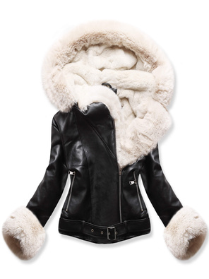 Czarna genialna zimowa kurtka damska skórzana ramoneska na futrze