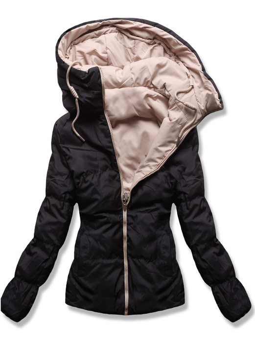 Beżowo czarna dwustronna damska kurtka przejściowa z kapturem