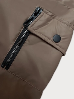 Ciemnobeżowa śliczna krótka modna pikowana kurtka damska z kapturem