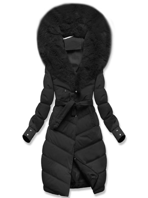 Czarna damska zimowa kurtka płaszczyk z futrzanym kołnierzem