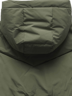 Oliwkowy długi płaszczyk kurtka zimowa - na ciepłym misiu z kapturem