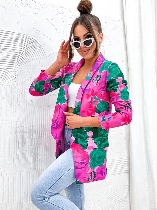 Fuksja zielony damska marynarka żakiet w kwiaty