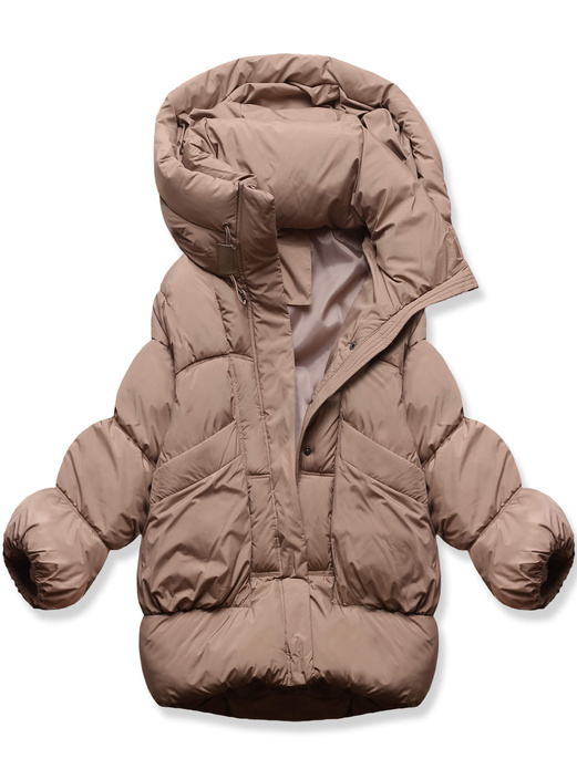 Beżowa damska oversizowa zimowa kurtka z kołnierzem netmoda