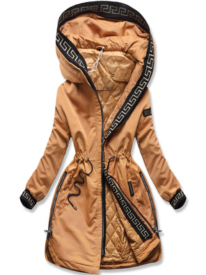 Karmelowa damska kurtka z lamówką w geometryczne wzory