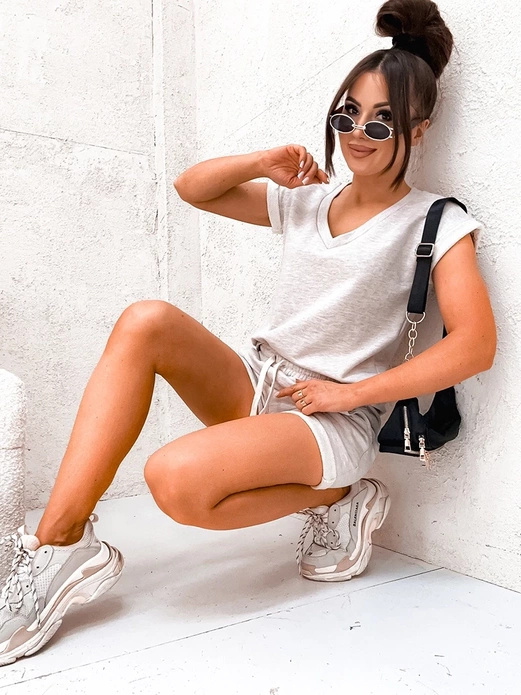 Beżowy melanżowy fenomenalny bawełniany letni komplet bluzka i spodenki