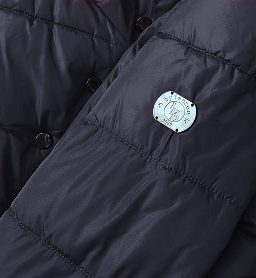 Granatowa asymetryczna długa pikowana zimowa kurtka płaszczyk z kołnierzem