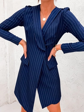 Granatowa długa elegancka marynarka sukienka w prążki 