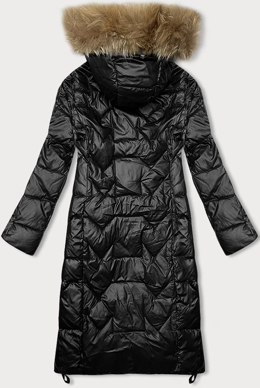 Czarna długa pikowana kurtka płaszczyk damski z kapturem