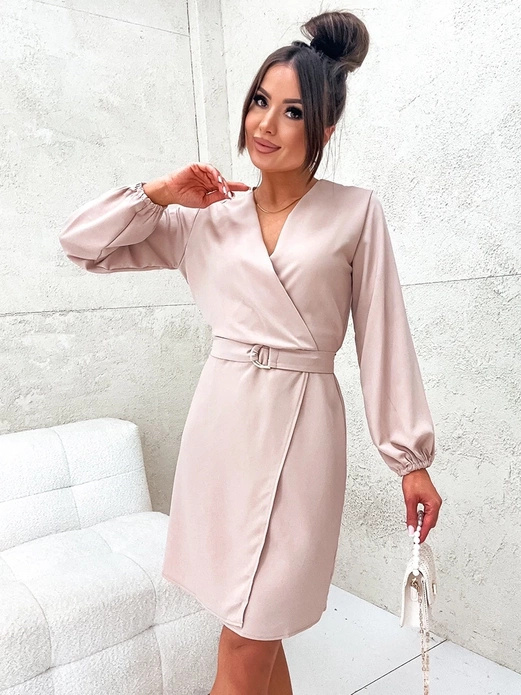 Beżowa damska elegancka sukienka z paskiem