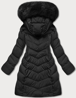 Czarna zimowa damska ciepła kurtka z kapturem 
