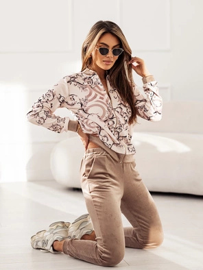 Cappuccino damski welurowy dres komplet z rozpinaną bluzą we wzory
