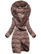 Brązowa ciepła zimowa pikowana kurtka z futrzanym kapturem