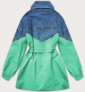 Damska kurtka jeans denim z łączonych materiałów niebiesko-zielona (pffs12233)