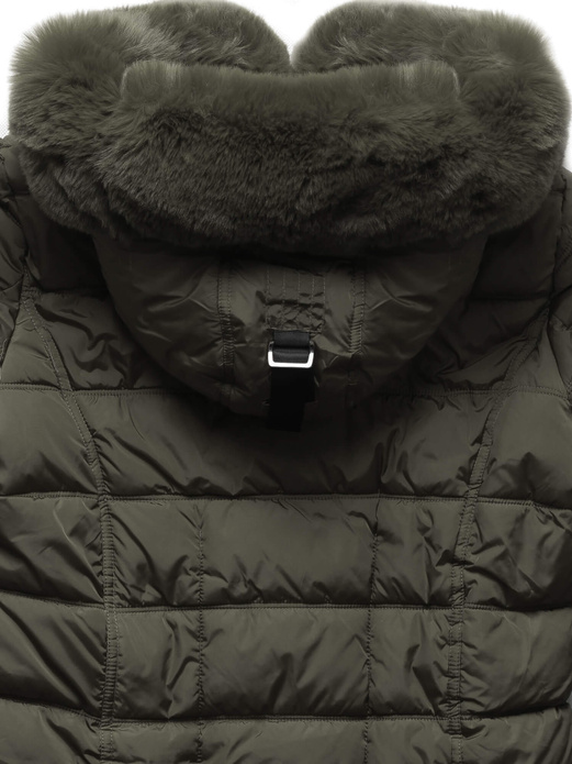 Khaki kurtka zimowa - płaszczyk na bardzo ciepłym misiu z modnym futerkiem przy kapturze