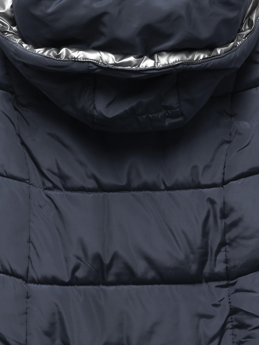 Granatowa długa pikowana zimowa kurtka płaszczyk z kapturem srebrna wstawka