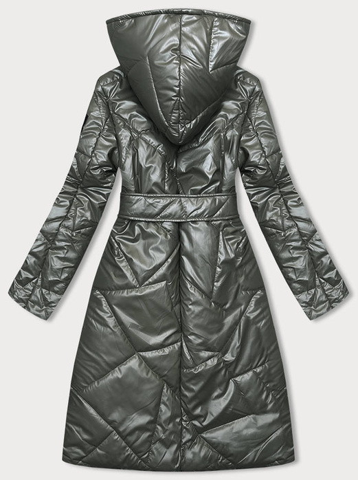 Oliwkowa długa kurtka pikowana wiązana z kapturem