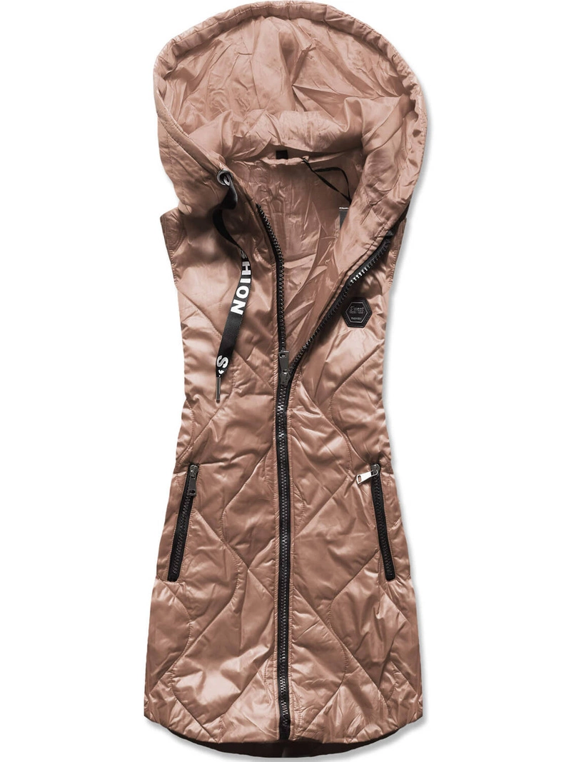 Ciemny beżowy długi pikowany bezrękawnik z kapturem