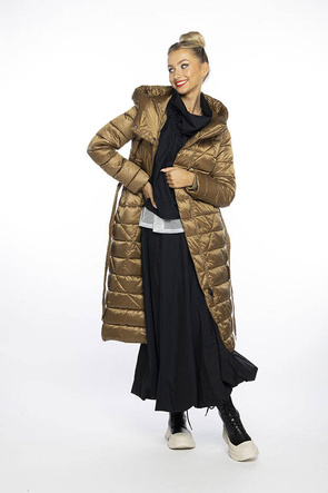 Złotobrązowy cudowny długi płaszcz kurtka pikowana z kapturem
