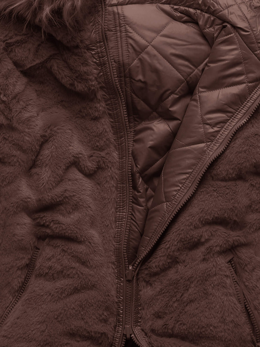 Brązowa dwustronna zimowa kurtka damska pikowana w karo