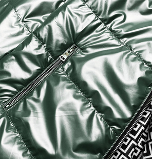 Zielona dwustronna przejściowa kurtka damska z kapturem geometryczne wzory