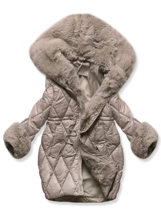 Beżowa unikatowa damska kurtka zimowa z mega kołnierzem