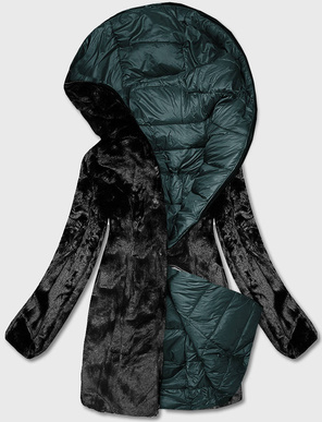 Zielona długa fantastyczna dwustronna zimowa pikowana kurtka futerko
