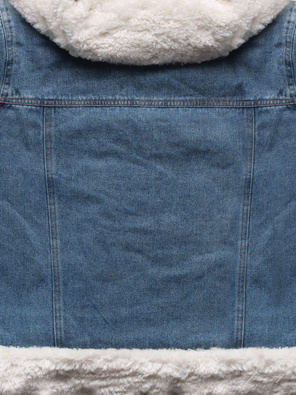 Niebieska jeansowa krótka damska kurtka ocieplana futerkiem