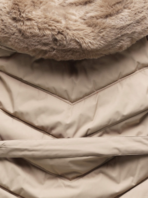 Beżowa damska zimowa kurtka płaszczyk z futrzanym kołnierzem