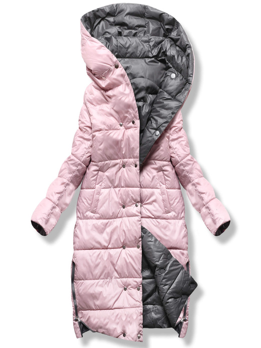 Grafitowo różowa dwustronna zimowa damska kurtka z kapturem i paskiem