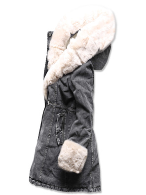 Czarna ecru jeansowa zimowa kurtka płaszczyk futro